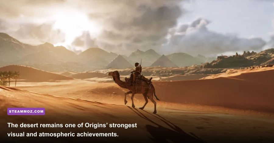 Bayek riding a camel through the Egyptian desert at sunset in Assassin's Creed Origins