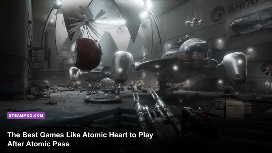 Atomic Heart Atomic Pass gameplay in the Soviet facility with hostile robots