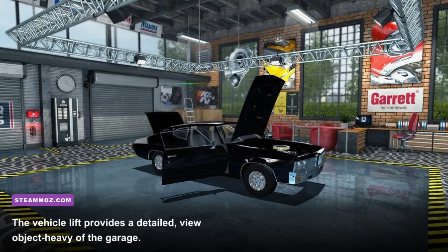 Car Mechanic Simulator 2015 vehicle raised on a workshop lift