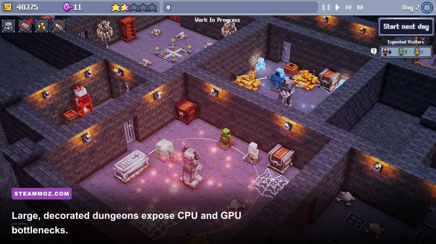 Large Dungeon Tycoon dungeon filled with rooms, decorations, corridors, and active systems