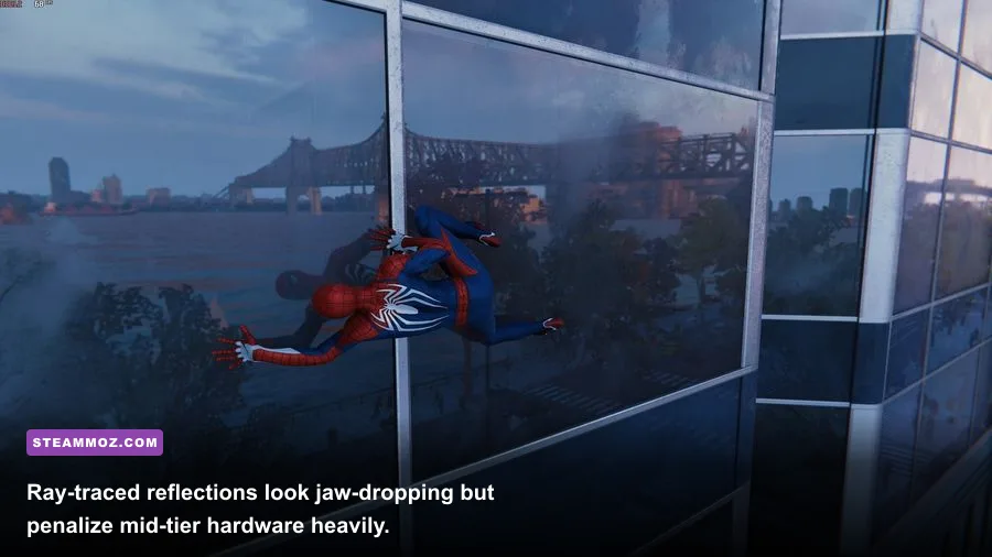 Spider-Man clinging to glass skyscraper reflecting city buildings with ray tracing