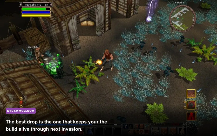 Din's Curse inventory showing randomized weapons armor and equipment stats
