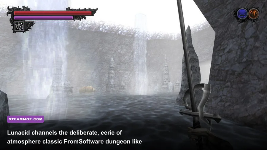 First-person perspective exploring the haunting, moonlit catacombs in Lunacid
