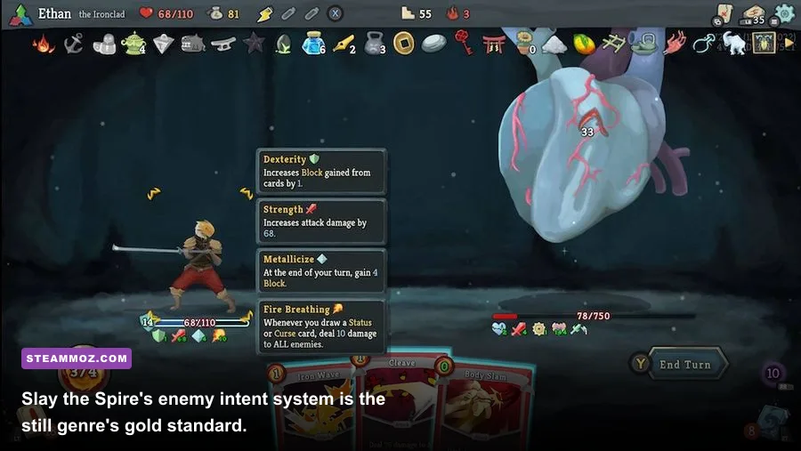 Slay the Spire combat screen showing Ironclad cards and enemy intent icons
