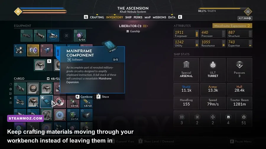 EVERSPACE 2 crafting and equipment upgrade menu with resources