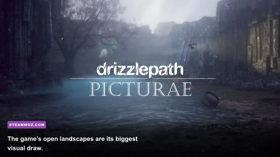 Drizzlepath gameplay showing a green valley and mountain trail