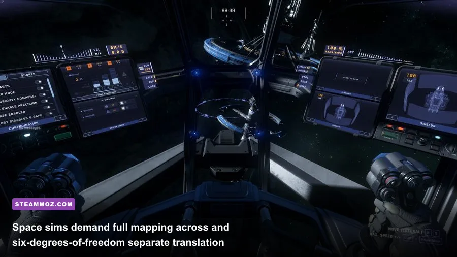 First-person cockpit view of a space combat flight simulator with dual flight stick controls