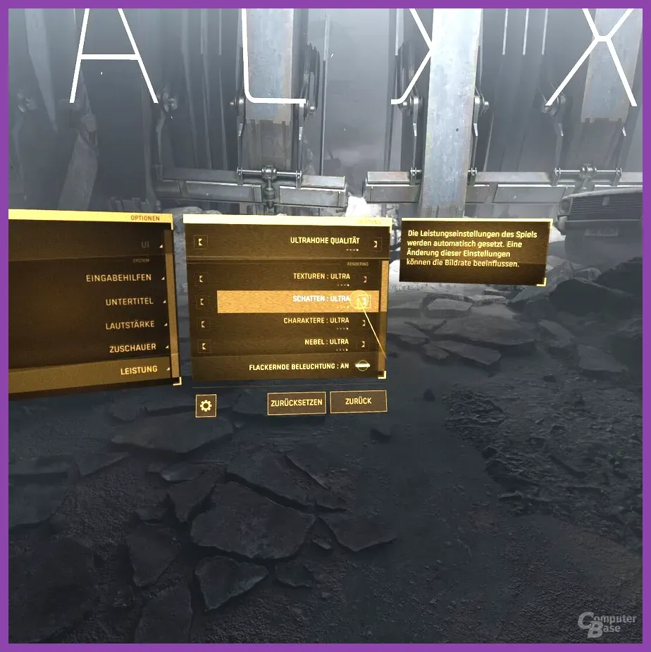 Half-Life Alyx in-game video settings menu with fidelity sliders