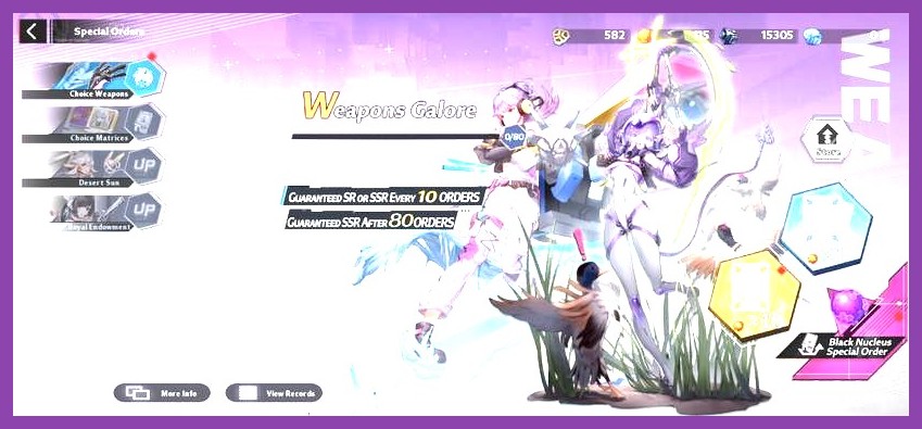 Tower of Fantasy team loadout setup UI with three equipped weapons