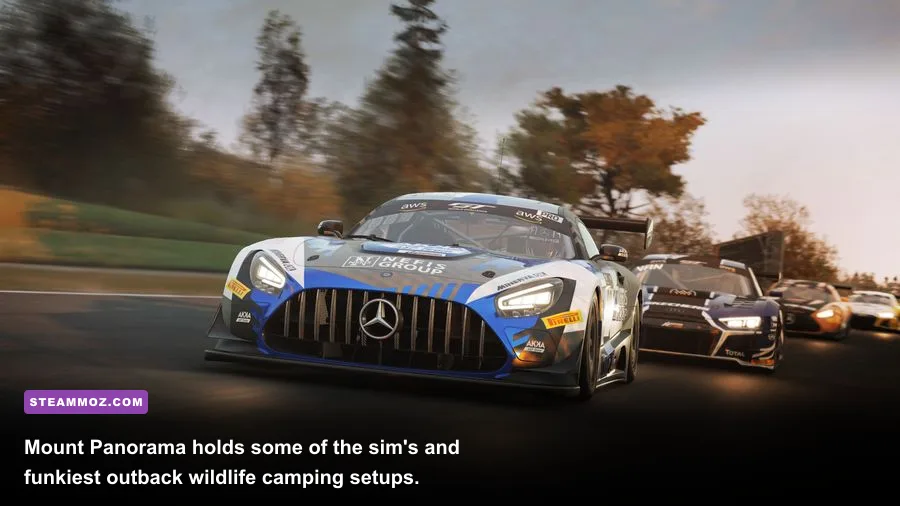 Mount Panorama Bathurst track barriers and surrounding hills in Assetto Corsa Competizione