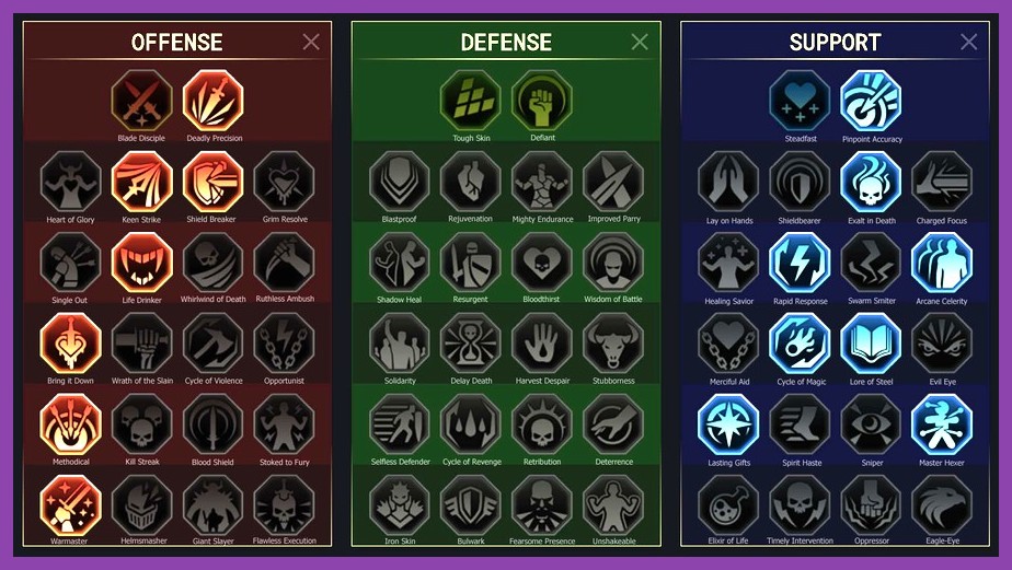 Icons for defense masteries such as Tough Skin and Damage Reduction