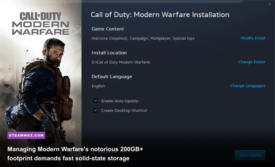 Modern Warfare PC menu showing massive storage installation requirements
