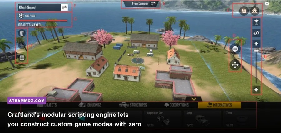 Player using Free Fire Craftland studio mode to design a custom battle arena