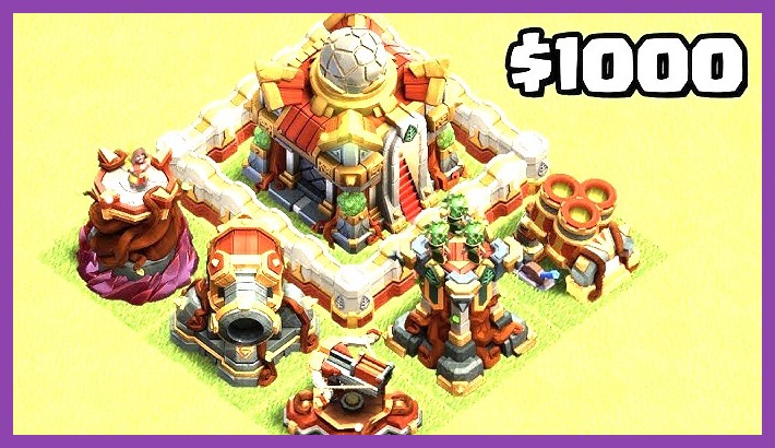 High level Clash of Clans Town Hall base with upgraded defenses and heroes