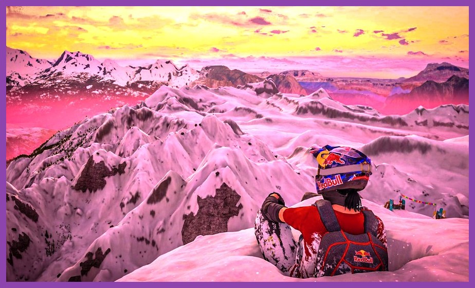 A player standing atop Grand Teton peak with a snowboard in Riders Republic