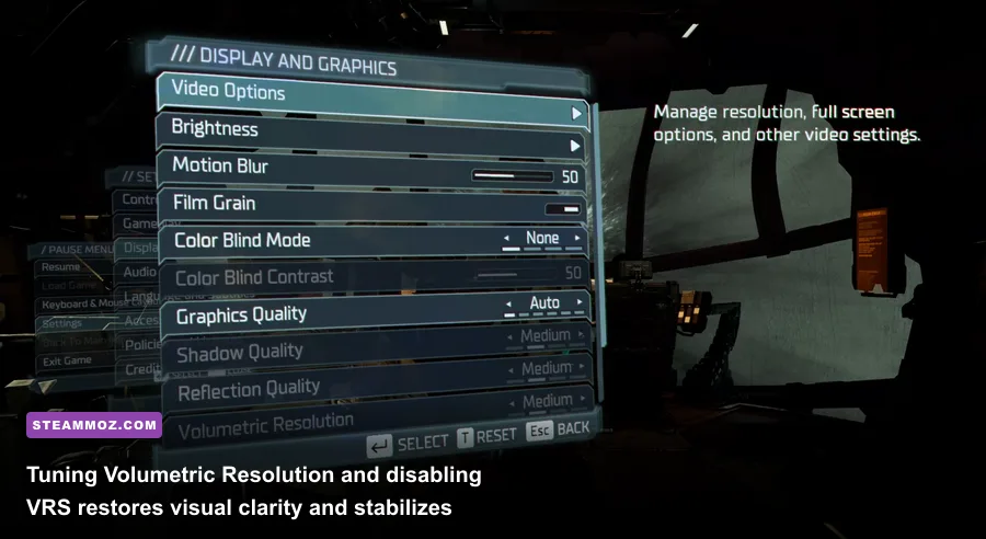 Dead Space Remake in-game video and display graphics options menu on PC