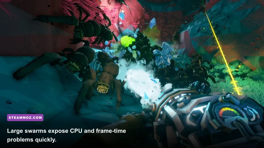 Deep Rock Galactic players fighting a large Glyphid swarm underground