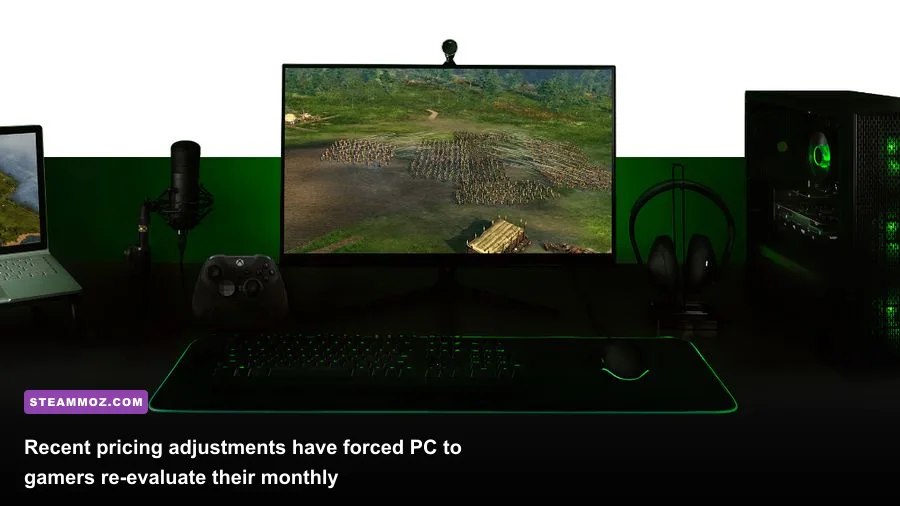 PC gaming setup showcasing subscription pricing and digital game catalog