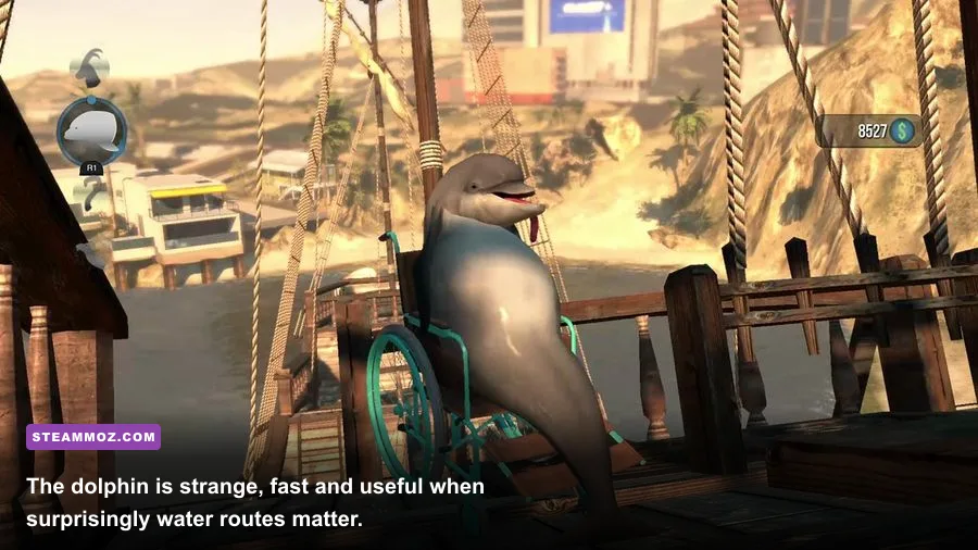 Goat Simulator PAYDAY dolphin character moving through water during gameplay