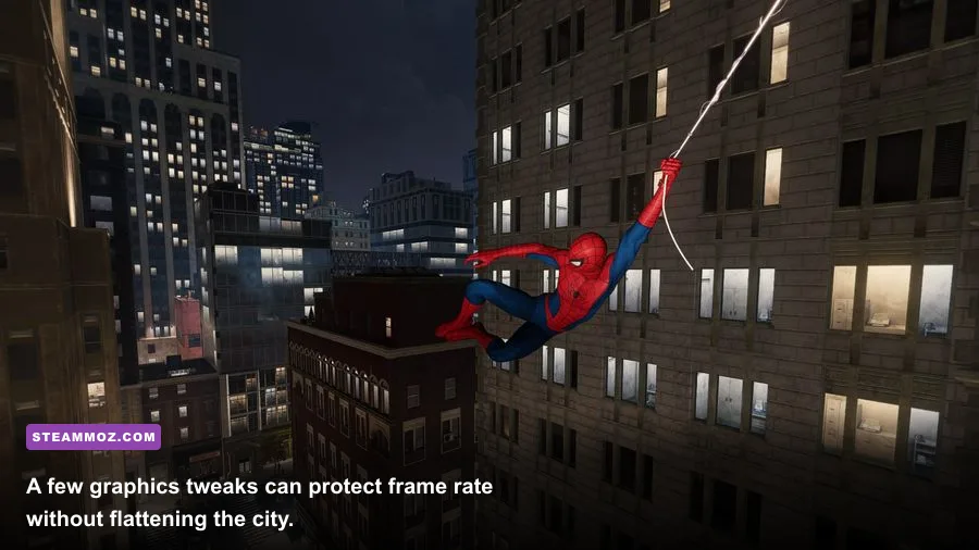 Marvel's Spider-Man Remastered PC ray-traced Manhattan skyline with Spider-Man on a rooftop
