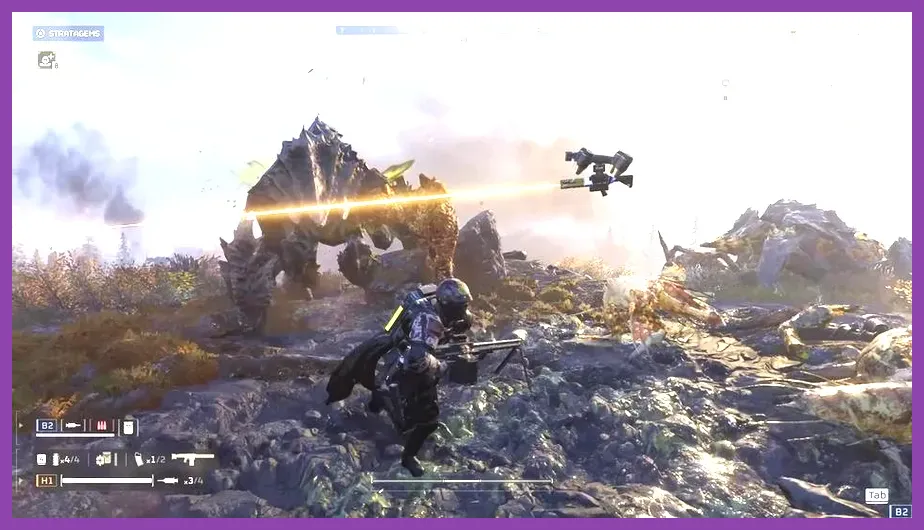 Helldivers fighting against heavy Terminid bugs on a desert planet