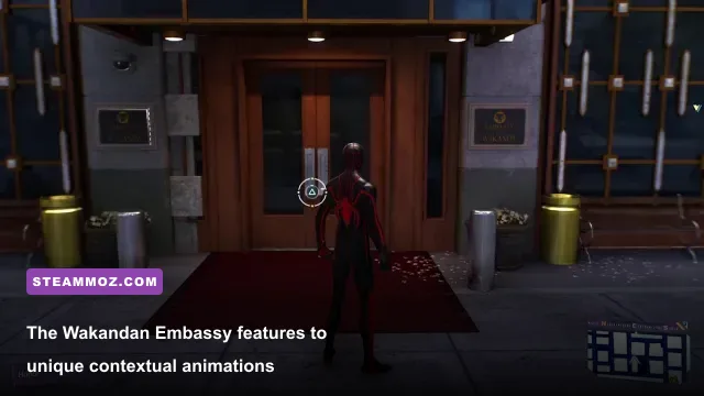 Miles Morales performing the Wakanda Forever salute outside the Wakandan Embassy in Midtown