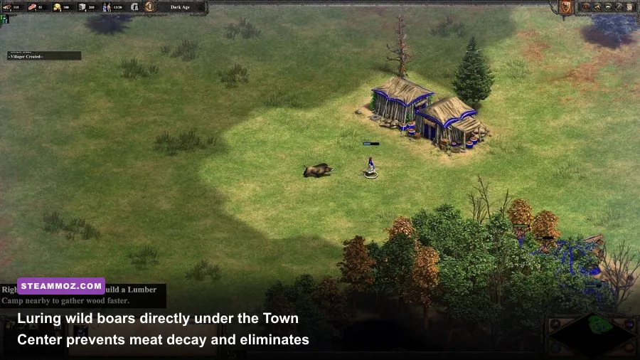 A villager shooting a wild boar to lure it back towards the Town Center in Age of Empires 2