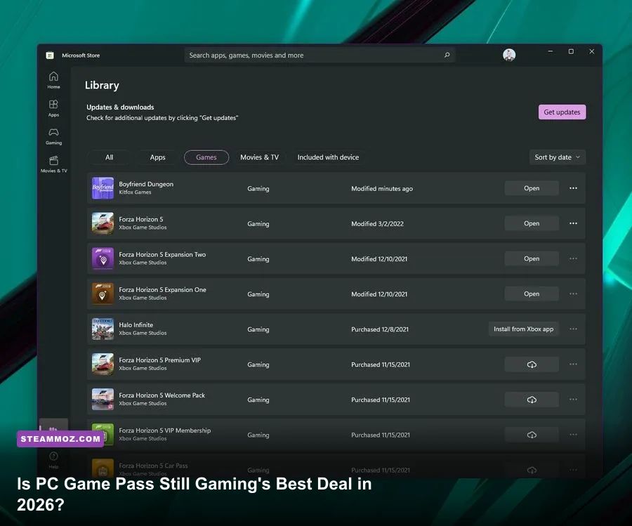PC Game Pass user interface showing available games on Windows