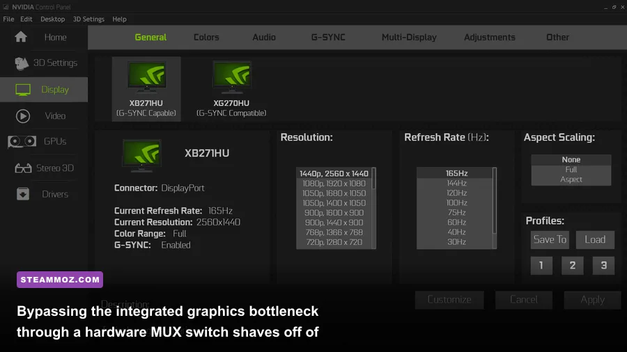 Nvidia display settings panel showing dedicated GPU display mode toggle
