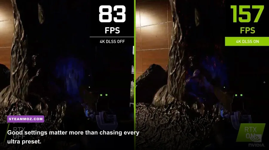A PC game graphics settings menu showing DLSS ray tracing and frame rate options
