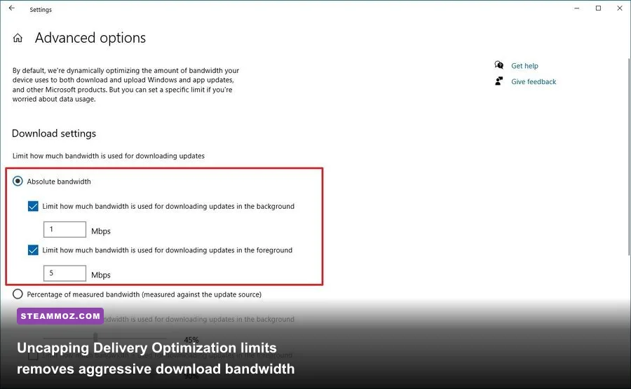 Windows Delivery Optimization advanced options showing absolute download bandwidth settings