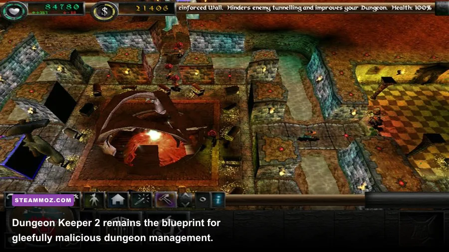 Dungeon Keeper 2 underground fortress with creatures and dungeon rooms