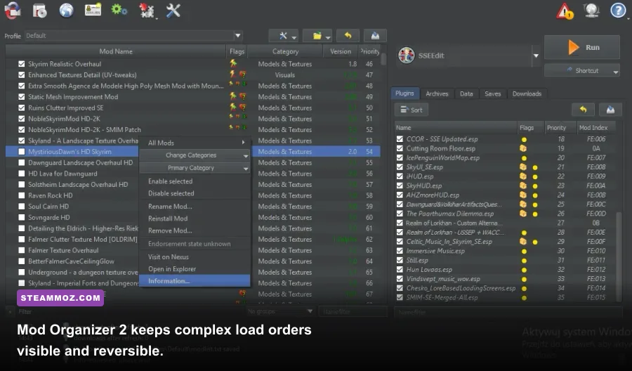 Mod Organizer 2 displaying a Windows mod list, profiles, and load order