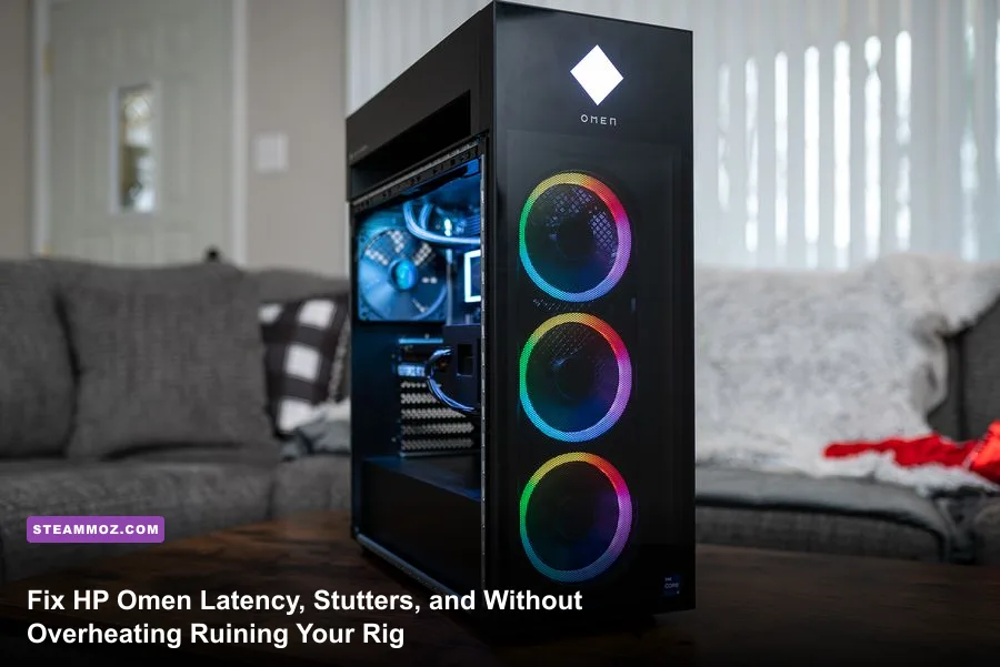 HP Omen gaming PC desktop running high frame rate games in a dark room with custom RGB lighting