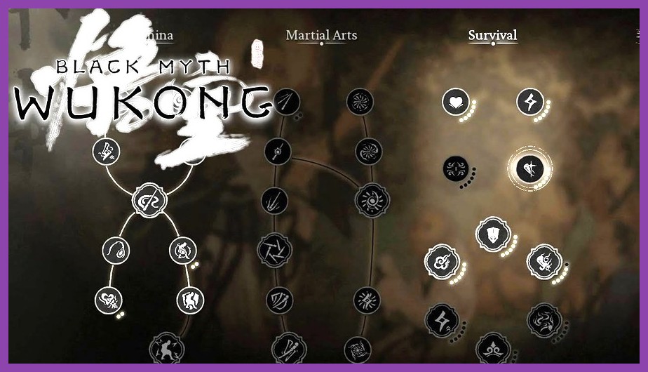 The skill tree progression screen showing stance and magic nodes in Black Myth Wukong