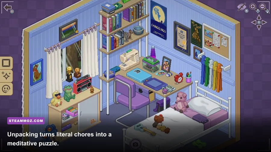 Unpacking gameplay showing a player arranging items in a new room