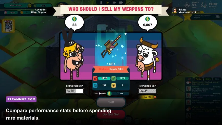 Holy Potatoes Spud Tales Journey To Olympus weapon comparison screen showing different gear types