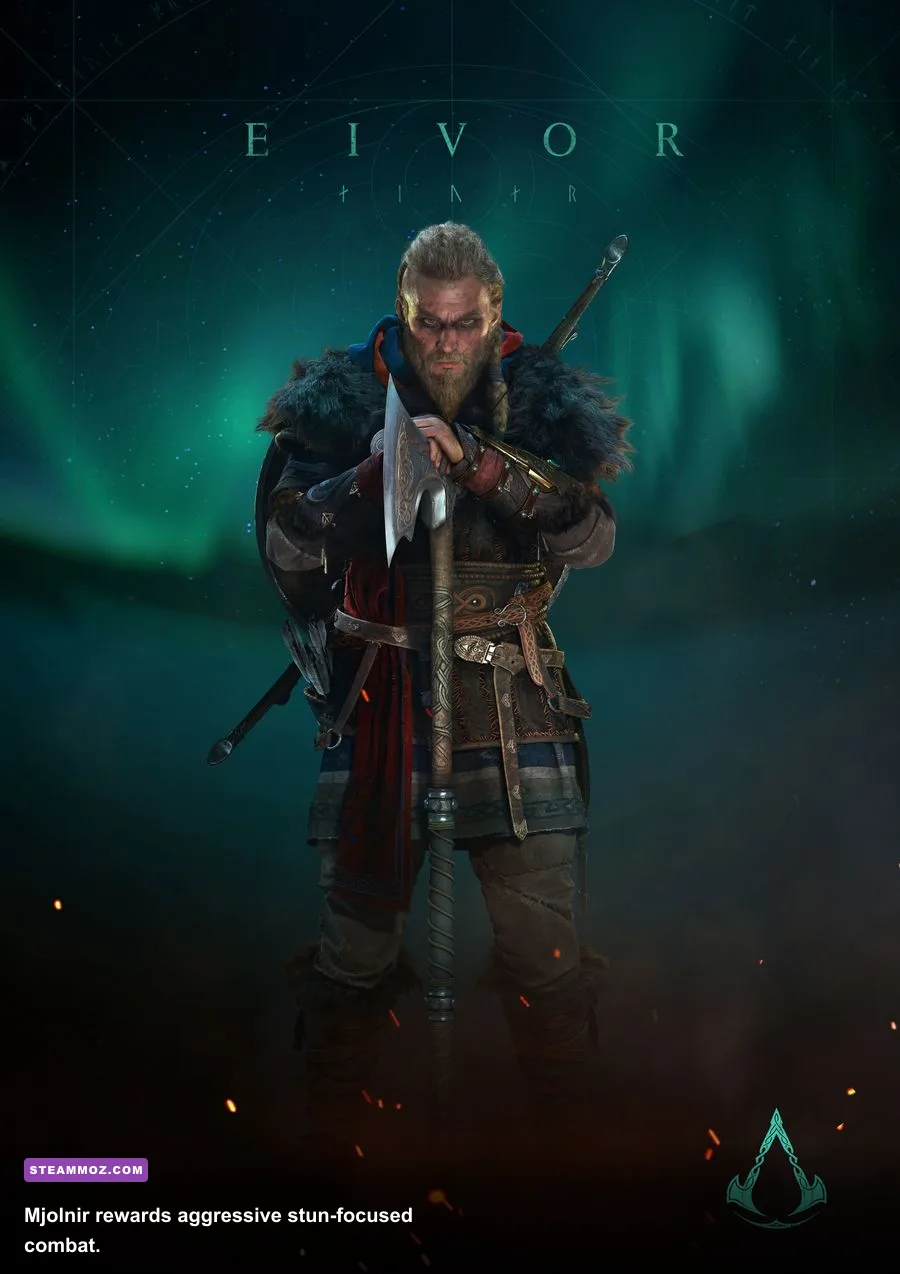 Eivor using Mjolnir with lightning effects in Assassin's Creed Valhalla