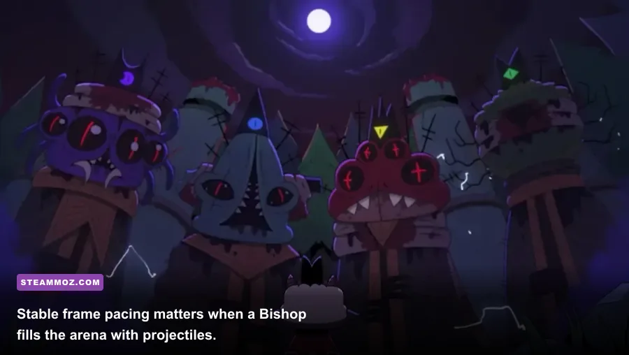 The Lamb facing a Bishop boss during a Cult of the Lamb boss fight