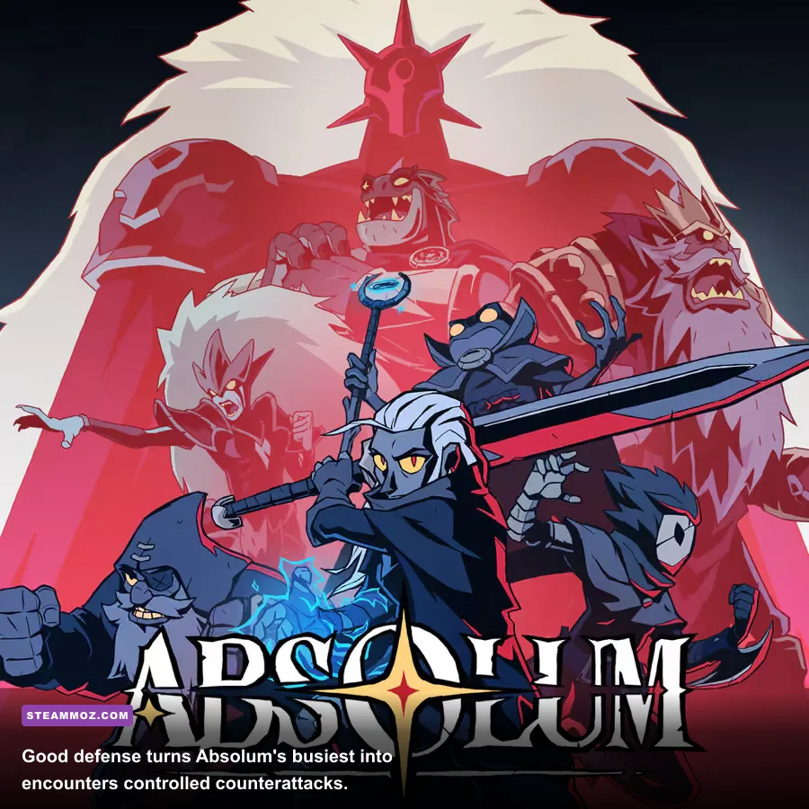 Absolum gameplay showing a hero parrying enemies during a chaotic fight
