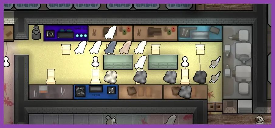 RimWorld colonist working at a high-tech research bench