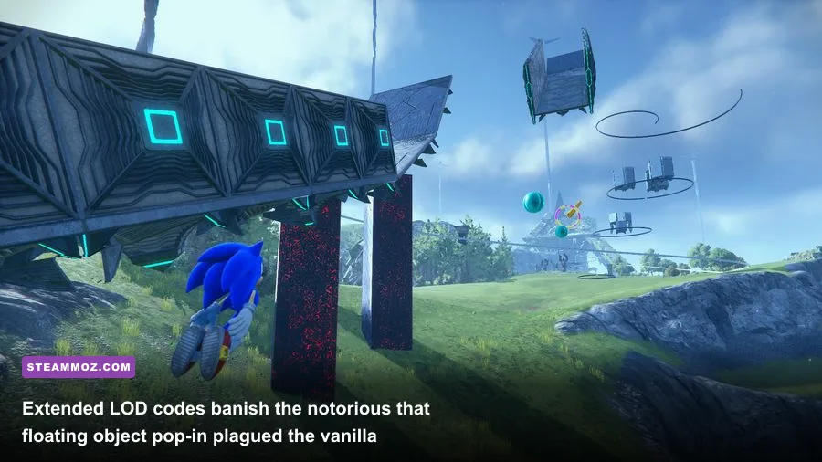 Panoramic view of Starfall Islands in Sonic Frontiers showing distant grind rails without pop-in