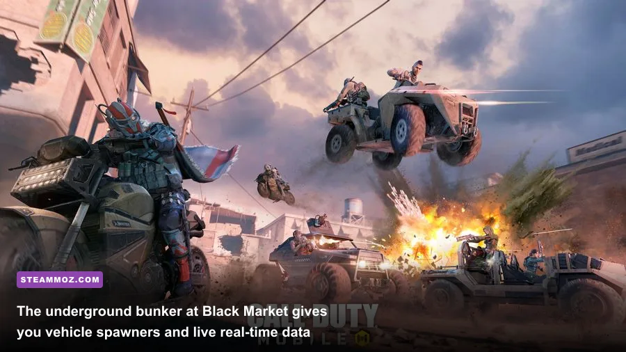 Underground control room terminal at Black Market displaying live map telemetry in Call of Duty Mobile