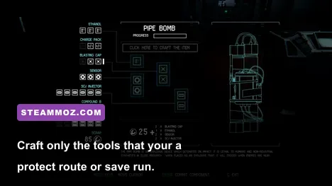 Alien: Isolation crafting menu showing medkit noisemaker and pipe bomb recipes