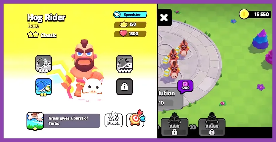 Hog Rider leading a Squad Busters team through grass with turbo movement