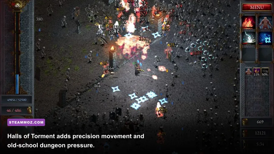 Halls of Torment gameplay showing a hero battling monsters in a dark dungeon