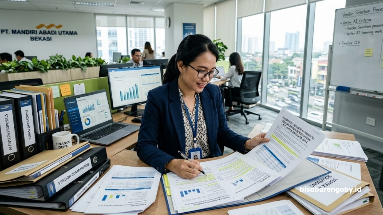 Manajer keuangan menyeleksi proposal vendor AI Finance untuk perusahaan di Bekasi berbasis Vertex AI