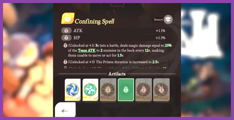 AFK Journey artifact selection screen showing Enlightening Spell and Starshard Spell