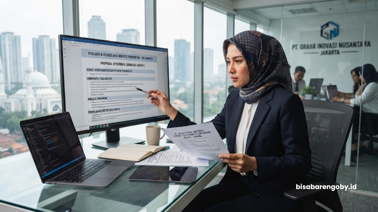 Direktur operasional meninjau proposal spesifikasi saat menyeleksi jasa website pemerintah untuk perusahaan di Jakarta berbasis Laravel