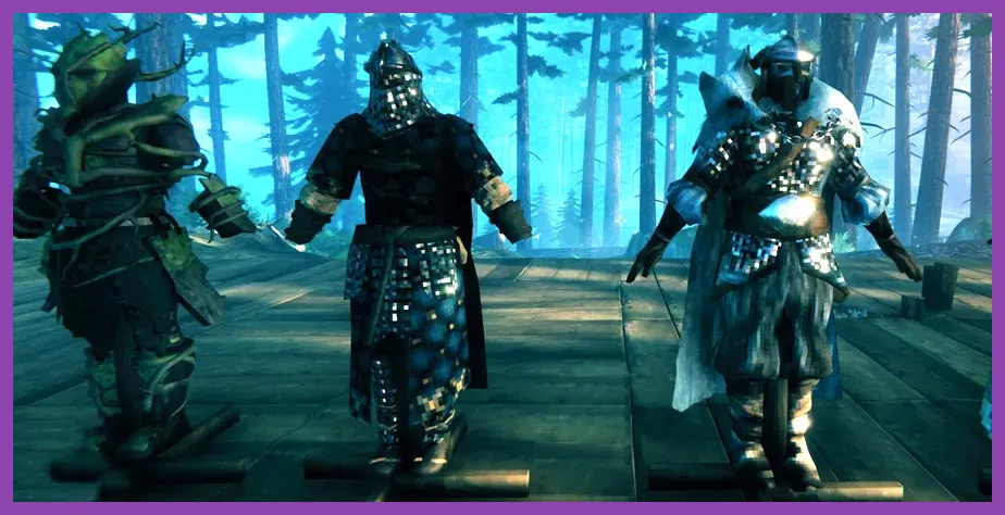 Valheim characters wearing Fenris and Carapace armor